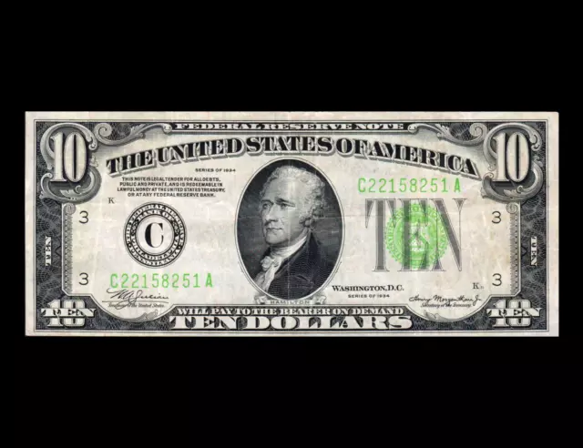 1934 ✪ $10 Ten Dollar Note, Light Lime Green Seal ✪ VF-XF ✪ ◢Free-Shipping◣