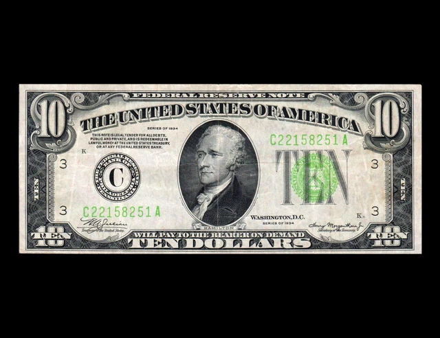 1934 ✪ $10 Ten Dollar Note, Light Lime Green Seal ✪ VF-XF ✪ ◢Free-Shipping◣