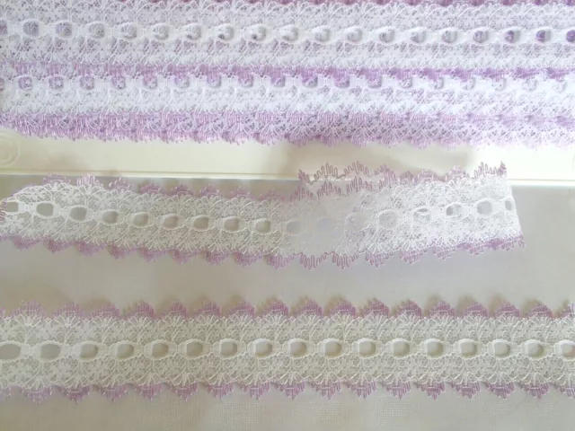 Eyelet/knitting in/coathanger lace 5 mtrs x 35mm wide white with lilac edging