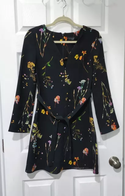 Topshop Dress US Size 2 Long Sleeve Black Floral Womens Tie Waist V-Neck Cutout