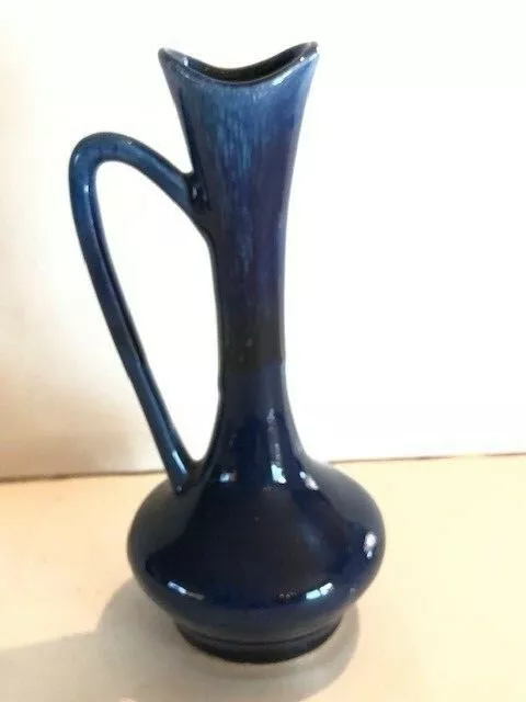 Vintage Mid Century Art Pottery Blue Drip Glaze Ewer Vase