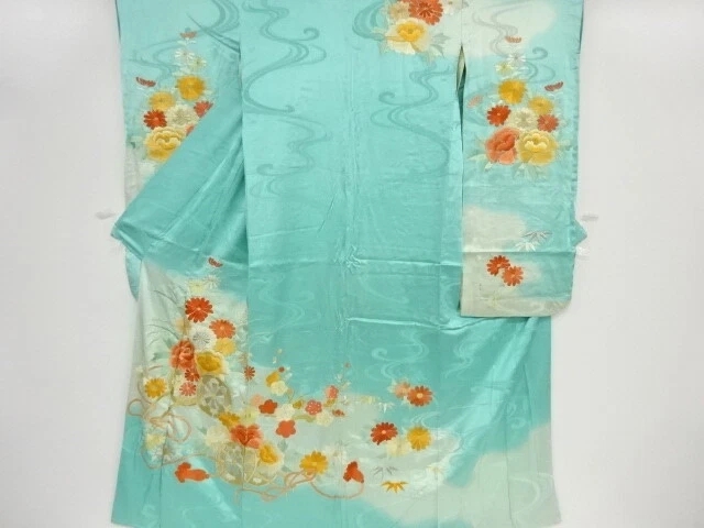 03546# Japanese Kimono / Antique Furisode / Embroidery / Floral Cart
