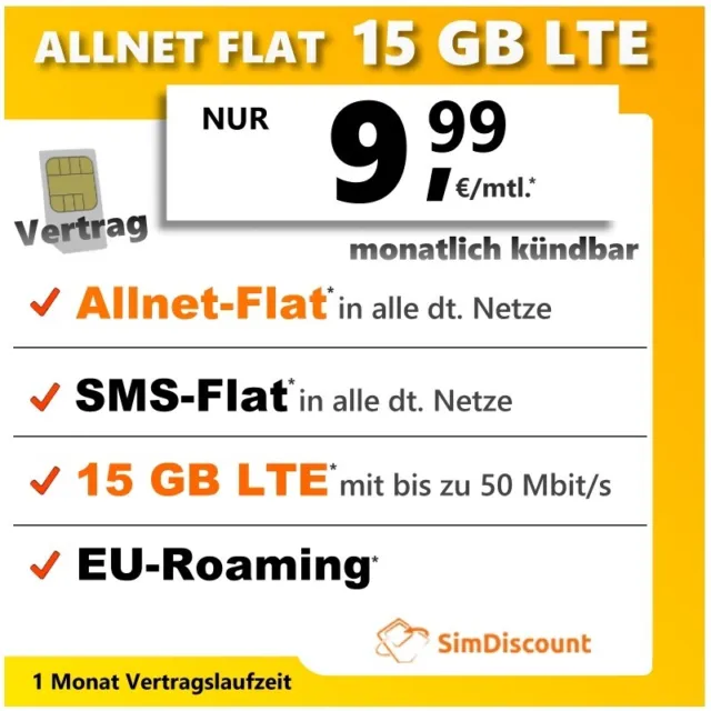Handytarif günstig 9,99 mtl. Allnet Flat 15 GB LTE Sim Karte Vertrag ohne Handy