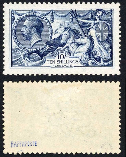 SG402 10/- Indigo blue Waterlow Fine M/M Cat 1000 pounds