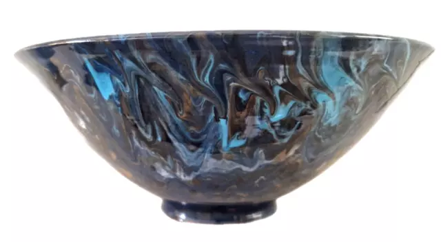 Stunning Art Pottery Swirl Large Bowl Blue ~ Green~Amber Signed ~Studio Crafted