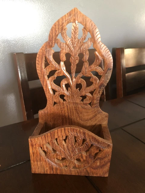 Hand Carved Wood Hanging Letter Or Match Stick Holder Made In India Leaf Vintage
