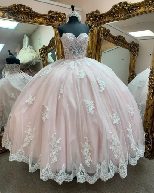 Glitter Pink Quinceanera Dresses Ball Gown Sweetheart White Lace Sweet 15 16
