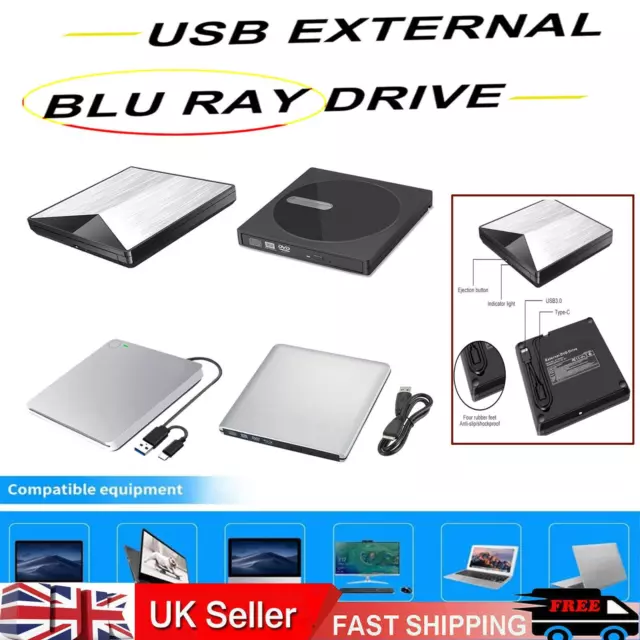 6X Blu ray BD Burner External USB Super Slim DVD RW CD Writer Portable Drive UK`