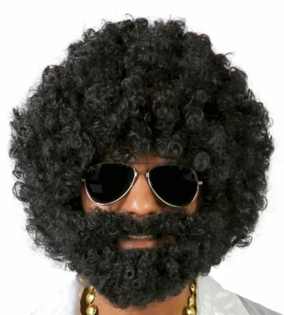 De Lujo para Hombre Negro Rizado Peluca Afro y Barba 70's Hippy Disco Disfraz