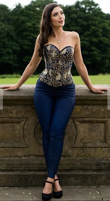 Corsetto Blu Storia Con Ganci Overbust Motivo Broccato Oro Taglia Uk 10 Pezzi £94,50