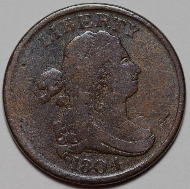 1804 Draped Bust Half Cent - Plain 4/Stemless - US 1/2c Copper Penny Coin - L43