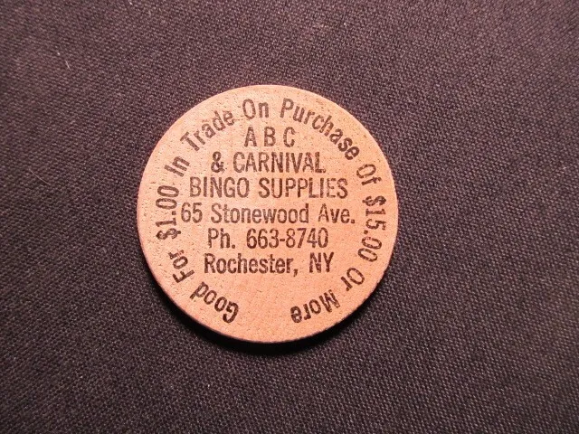 Rochester, New York Wooden Nickel Token -ABC & Carnival Bingo Supplies Wood Coin