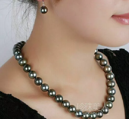 stunning 9-10 MM NATURAL TAHITIAN BLACK  PEARL NECKLACE 18'' 14K clasp