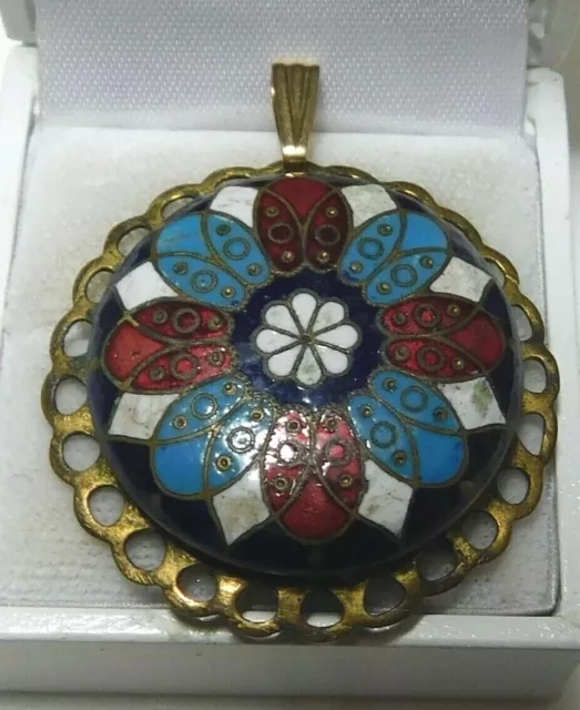 Victorian Gold  Red Blue White Guilloche Enamel Floral Pendant  4f 3