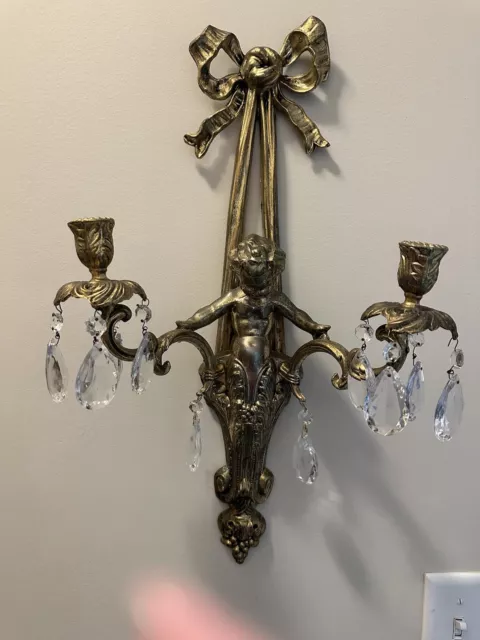 Antique French Louis XVI Style Cherub Brass Scone Candle Holder Candelabra