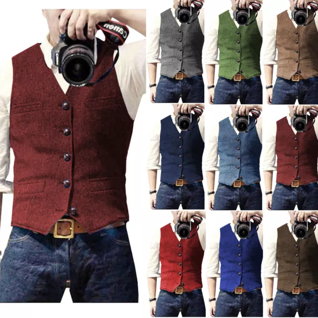 Mens Tweed Vest Vintage Cowboy Herringbone Groom Waistcoat S M Large XL XXL 3XL