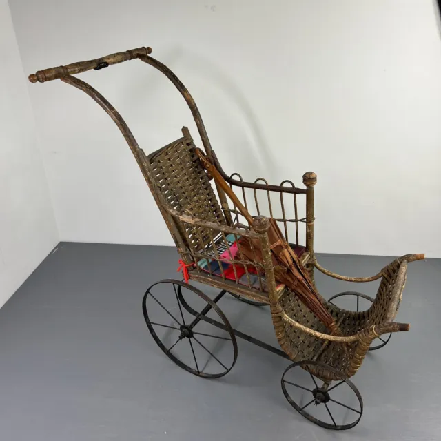 Vintage Victorian Wicker Baby Buggy Doll Carriage Metal Wheels