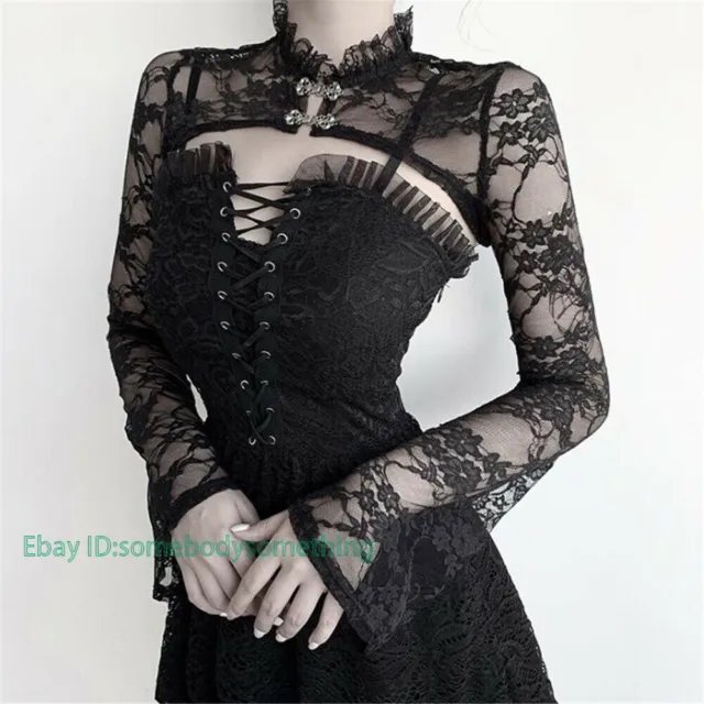 Womens Long Sleeves Gothic Crop Top Lace Up Sexy Punk Clubwear T
