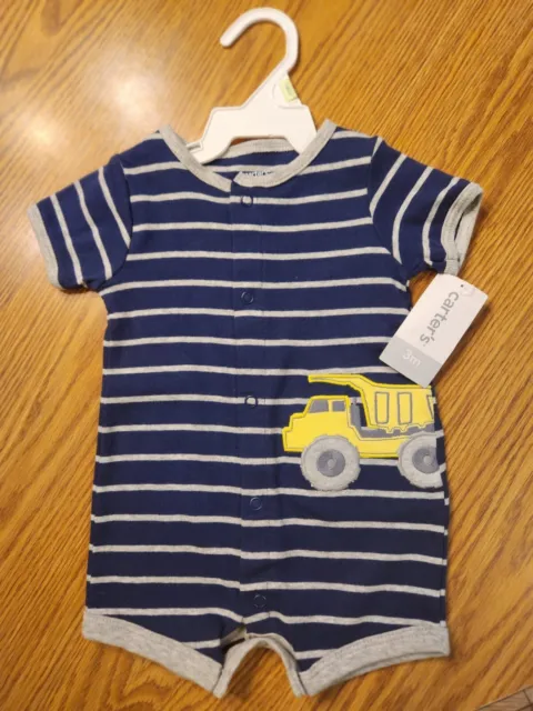 Infant Boys Size 3M 6M Carters Summer Romper Outfit Blue Dump Truck $18 Value