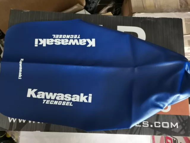 Kawasaki KX 125 250 500 1989 89 1988 88 Seat Cover CR Blue Tecnosel Logo Evo Sky