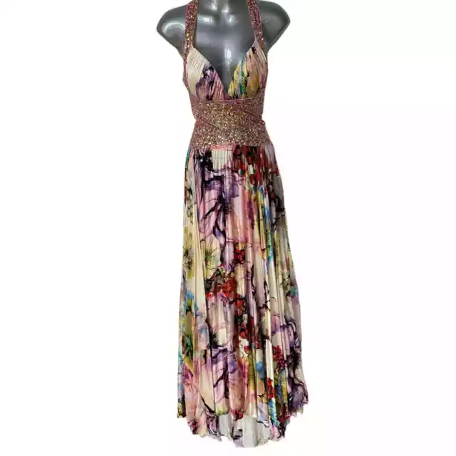 Jovani Dress Silk Floral Maxi Gown Backless Beads Sequins Cream Purple Size 0