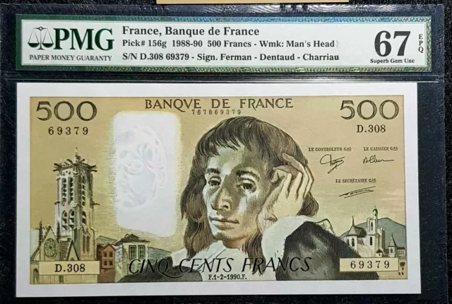 PMG 67 GEM EPQ 1988 FRANCE 500 Francs Banknote UNC (+FREE 1 B/note) #D6351