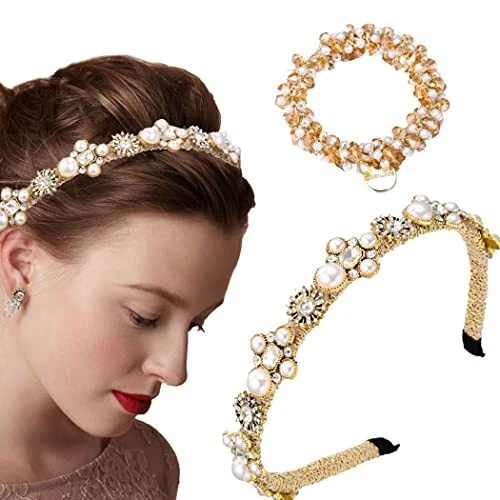 Gold Baroque Headband Pearl Rhinestones Hairband with Beaded Hair Hoop...