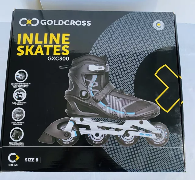 GOLDCROSS GXC300 Black Grey Blue Inline Skates Roller Blades Size US 8 NEW