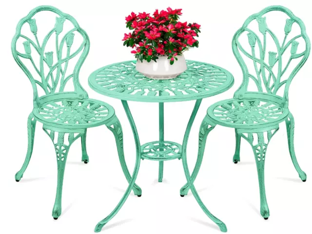 3 Piece Outdoor Patio Bistro Set Teal Antique Finish Deck Porch 2 Chairs + Table