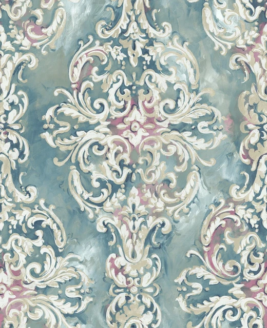 Metallic Champagne and Blue Damask Art Wallpaper Bolt -  20.5" x 396" Roll