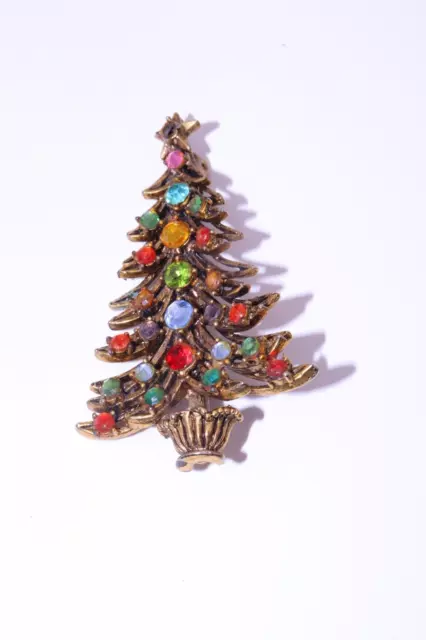 VINTAGE HOLLYCRAFT CHRISTMAS Tree Brooch Multi-Color Rhinestones Gold ...