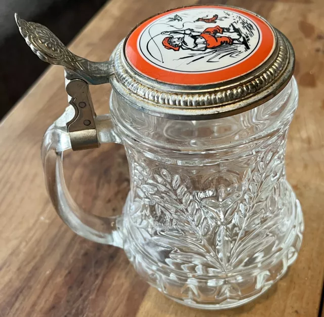 German Stein Pewter Lid Vintage Glass Beer Mug Fly Fisherman on Lid
