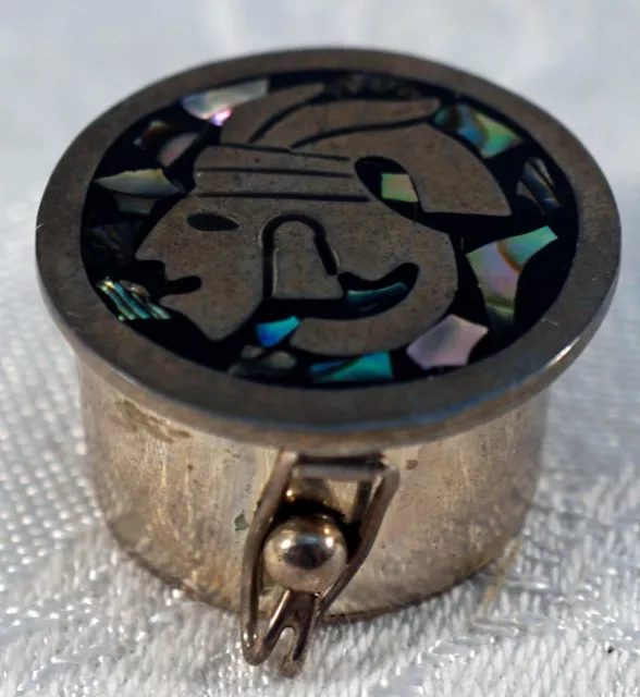 Sterling Silver Trinket / Pill Box Mayan Warrior & Abalone in Lid Made in Mexico