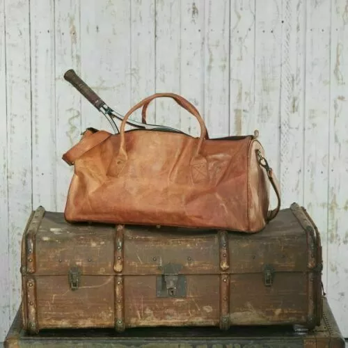 Vintage Men's Bag Leather Duffel Travel Luggage Gym Genuine Weekend Overnight