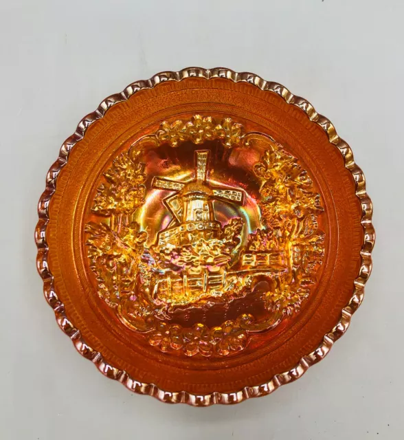 Vtg Imperial Carnival Glass Bowl Scalloped Edges Windmill Iridescent Marigold