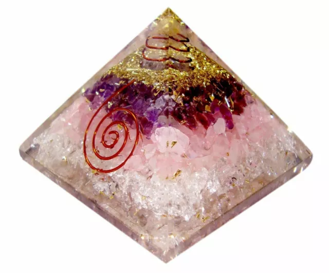 Large 3 Layer~Amethyst Rose Clear Quartz Orgone Pyramid~Crystal Healing~FengShui