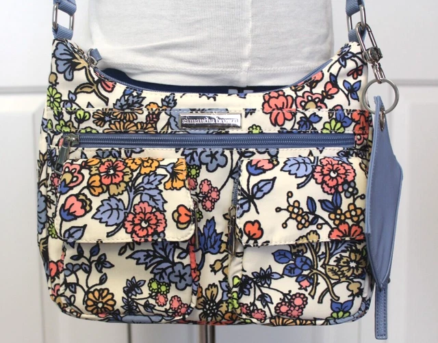 Samantha Brown hobo purse floral pink blue vegan crossbody polyester pockets