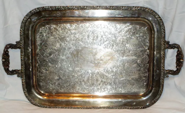 VTG Oneida Silver Plate Serving Tray Henley 23" Tudor Plate Ornate Waiter Butler