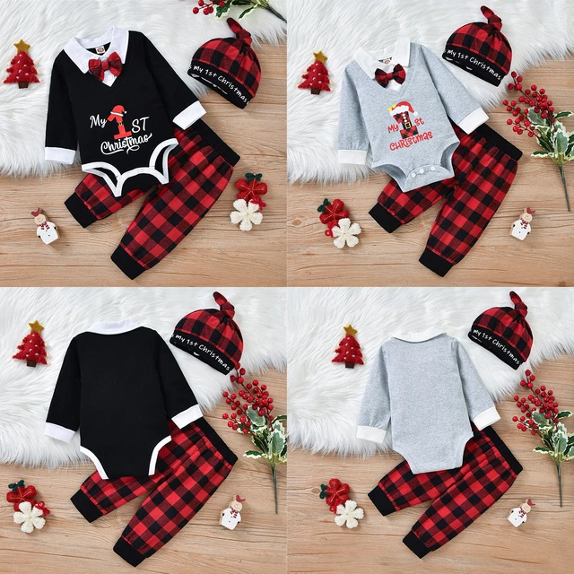 Baby Boys Christmas Gentleman Suit Bodysuit Romper with Plaid Pants Hats Outfits