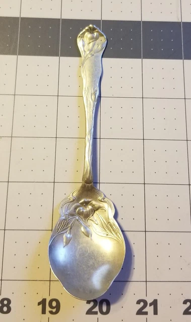 Antique Vintage Solid Electric Silver Berry Spoon Decorative Iris Lily Flower