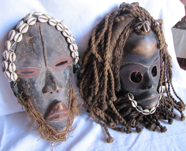 2 Maschere Africane Dan Costa D' Avorio Policrome Vecchie Rare Molto Belle