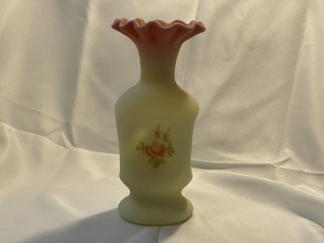 Fenton Burmese Ruffled Vase Pink Yellow Satin Signed Hand Painted Roses 7" .