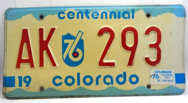 Colorado State License Plate AK 293 Vintage 1976 Bi Centennial Automotive Car