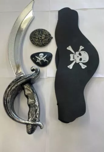 4Pcs Kids PIRATE FANCY DRESS COSTUME SET Hat Sword Eye Patch Cutlass Kit