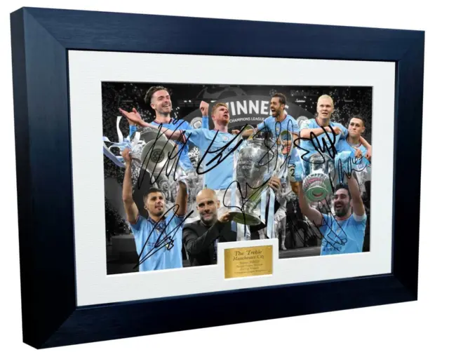 A4 Signed Manchester City Treble 2022/23 Champions Autograph Photo Picture Frame