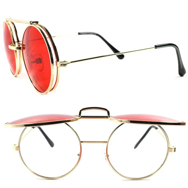 Retro Style Mens Womens Django Lennon Gold Flip Up Red Lens Round Sunglasses
