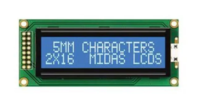 Midas MC21605B6WD-BNMLW-V2 B Alphanumeric LCD Display, Blue on White, 2 Rows by