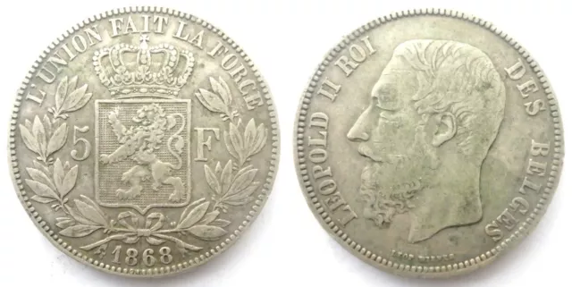BELGIO - 5 franchi Leopoldo II 1868 argento
