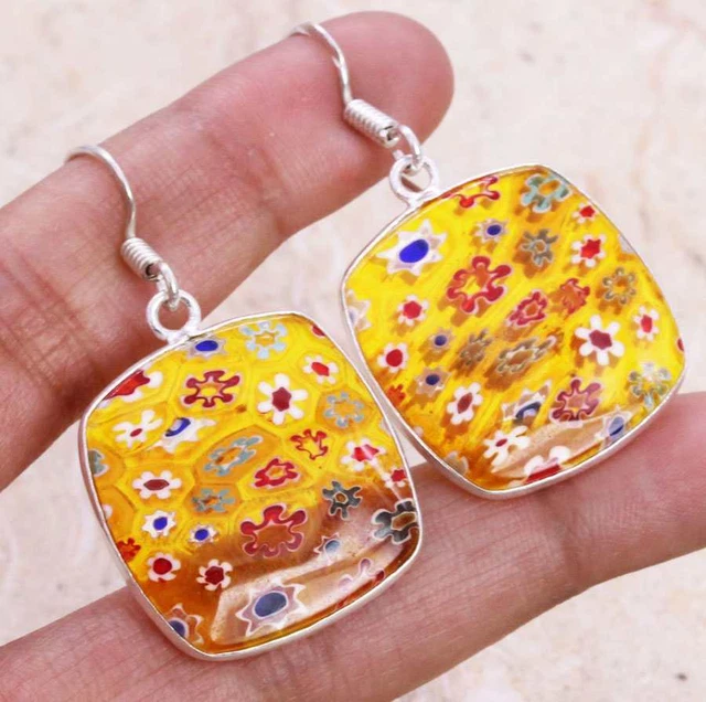 Dichroic Glass 925 Silver Plated Handmade Earrings of 1.7" Ethnic Gift