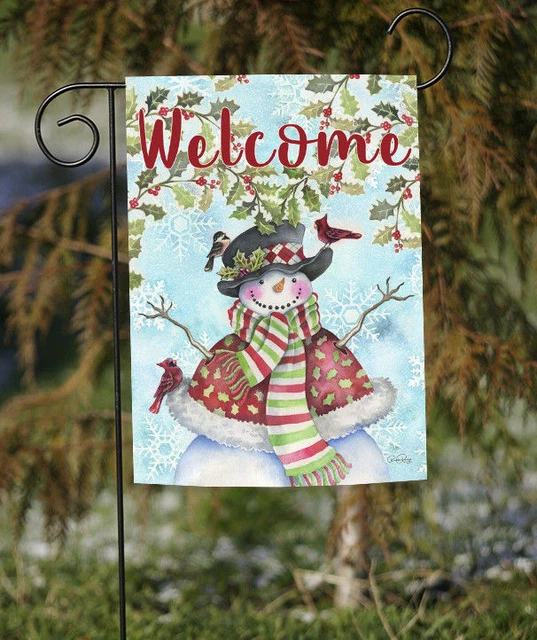 Toland Holly Snowman Welcome 12x18 Winter Snow Cardinal Bird Garden Flag